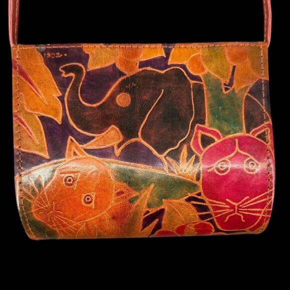 Vtg Leather Crossbody Bag Mirror Hand Painted Animals Floral Artsy Boho - Picture 10 of 13